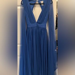 Gothic Glamour - Bombshell Plunge Maxi Gown in Blue with Sheer Mesh Sleeves
